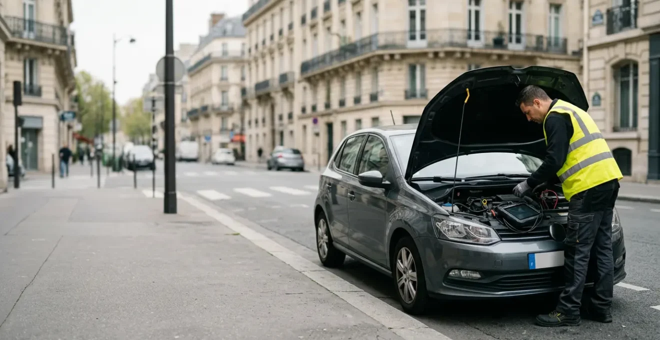 Intervention d'assistance automobile sur une batterie de véhicule moderne en zone urbaine française