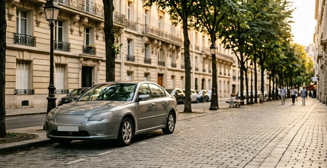 Scène urbaine représentant la protection d'un véhicule d'occasion contre le vol en milieu citadin