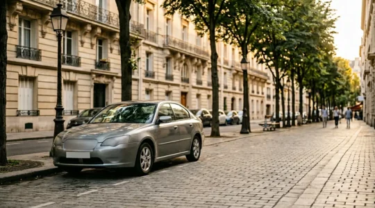 Scène urbaine représentant la protection d'un véhicule d'occasion contre le vol en milieu citadin