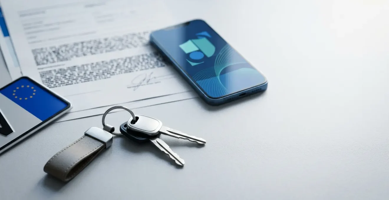 Documents administratifs et clés de voiture sur fond moderne pour importation de véhicule avec assurance courte durée