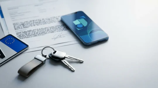 Documents administratifs et clés de voiture sur fond moderne pour importation de véhicule avec assurance courte durée
