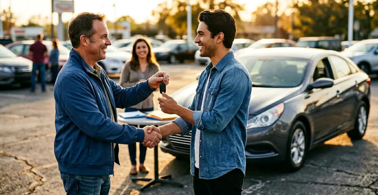 Scène d'achat de voiture d'occasion avec remise des clés et documents d'assurance