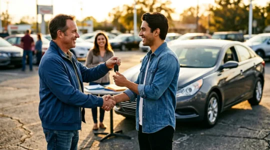 Scène d'achat de voiture d'occasion avec remise des clés et documents d'assurance