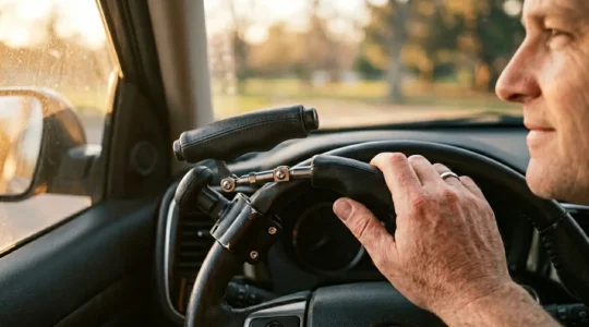 Véhicule moderne équipé de commandes manuelles adaptées pour conducteur à mobilité réduite