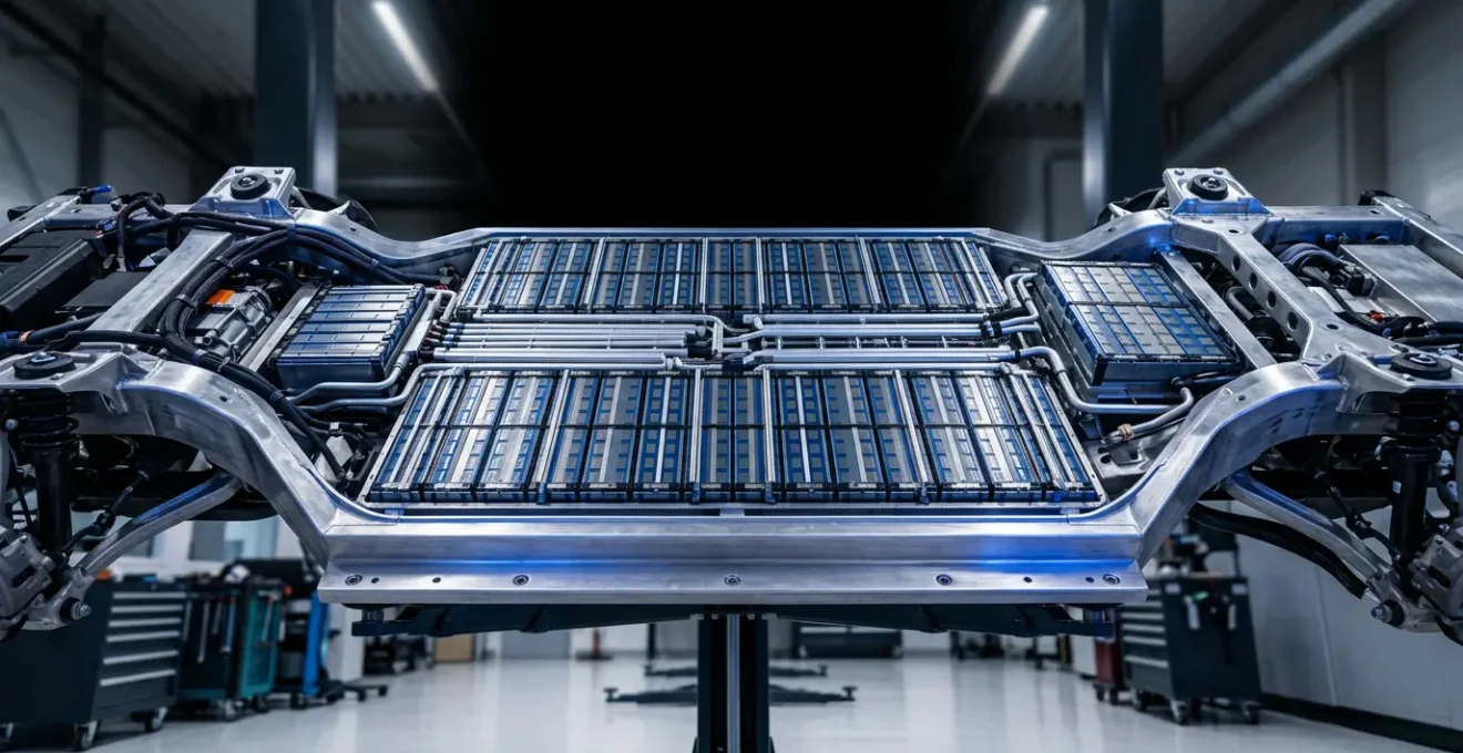 Batterie haute tension sous le châssis d'un véhicule électrique, éclairée par une lumière bleue technique mettant en valeur sa structure complexe