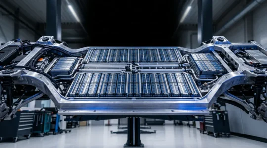 Batterie haute tension sous le châssis d'un véhicule électrique, éclairée par une lumière bleue technique mettant en valeur sa structure complexe