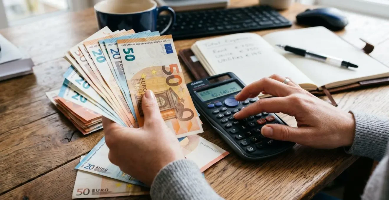 Gros plan sur des mains tenant des billets d'euros et une calculatrice sur un bureau