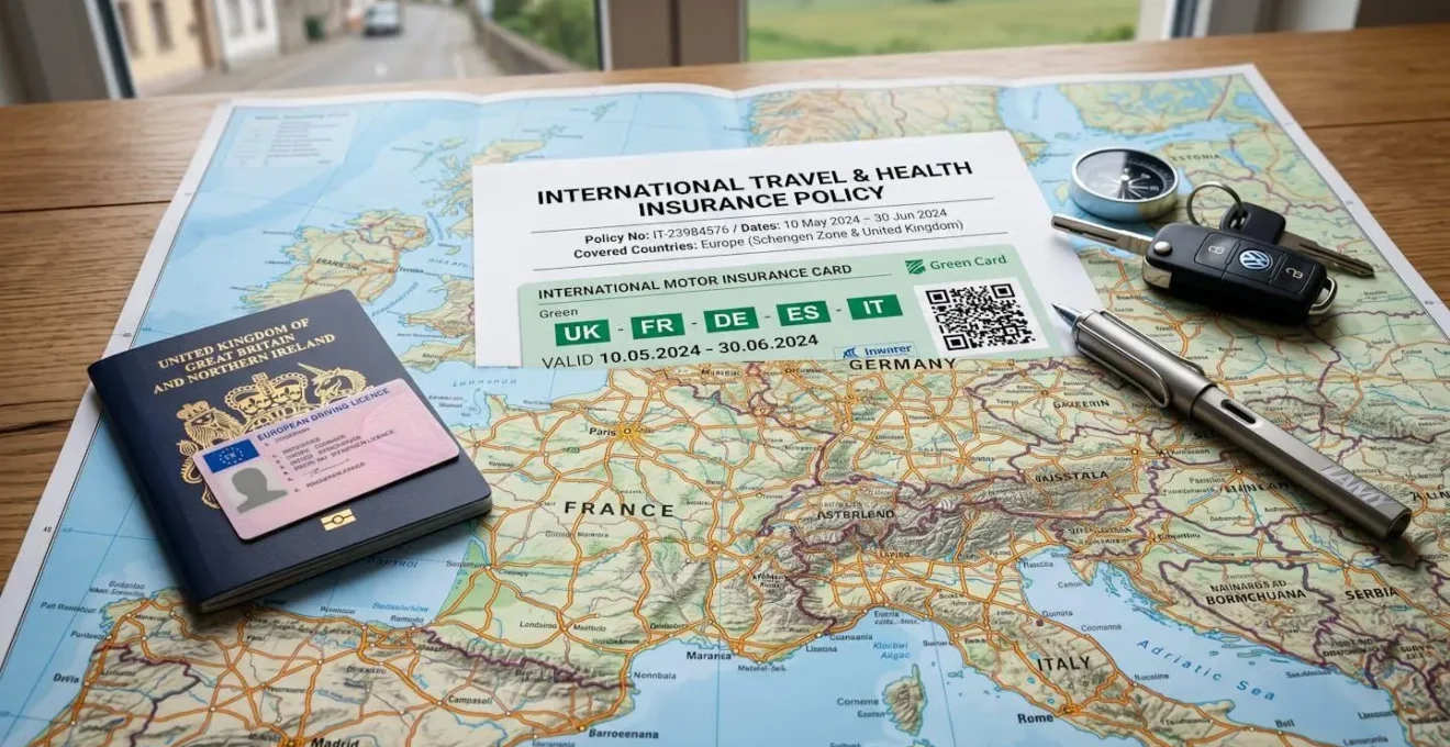 Documents d'assurance internationale posés sur une carte routière européenne