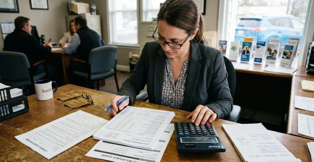 Personne analysant des documents d'assurance avec calculatrice pour voiture d'occasion