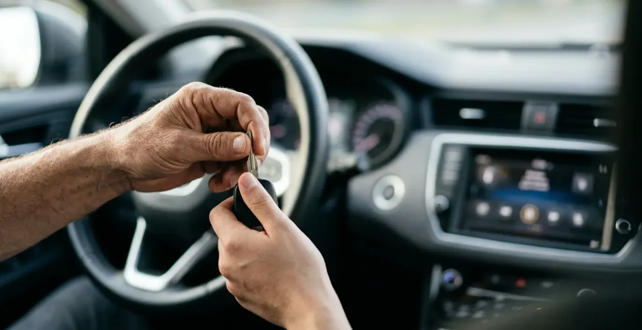 Volant de voiture avec mains dans un intérieur automobile contemporain illustrant le partage de conduite