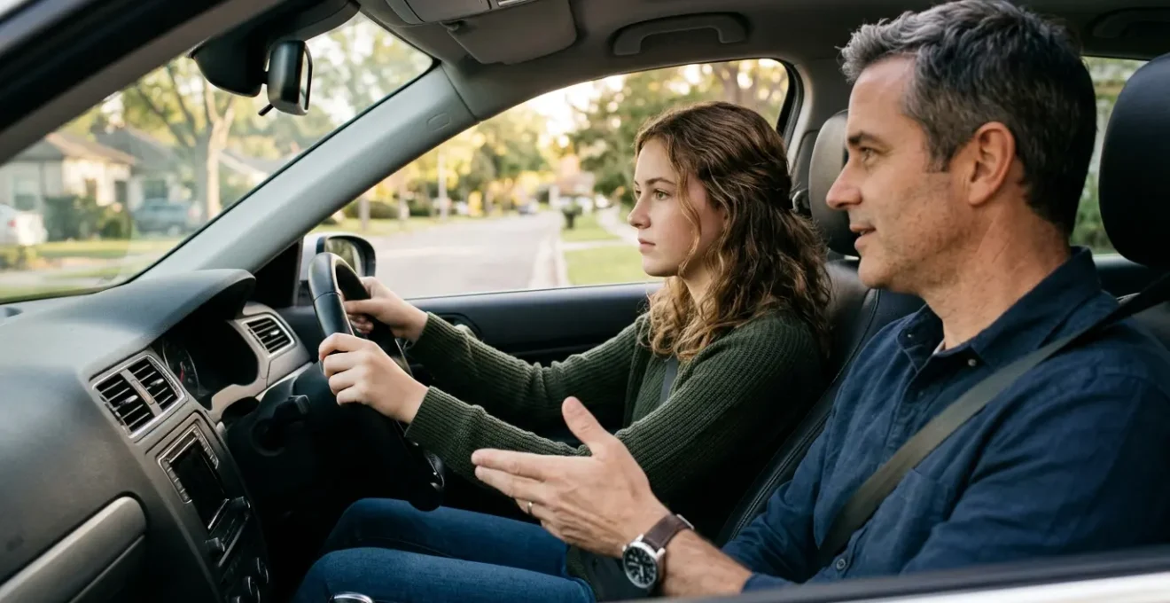 Jeune conducteur en formation avec accompagnateur expérimenté au volant d'un véhicule familial, symbolisant l'apprentissage anticipé de la conduite