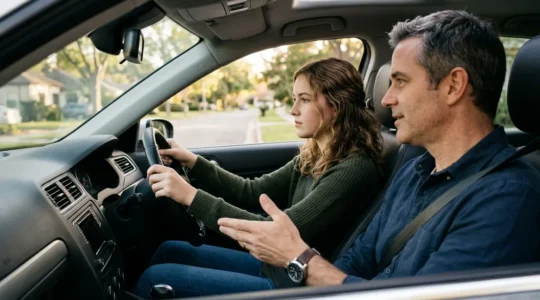 Jeune conducteur en formation avec accompagnateur expérimenté au volant d'un véhicule familial, symbolisant l'apprentissage anticipé de la conduite