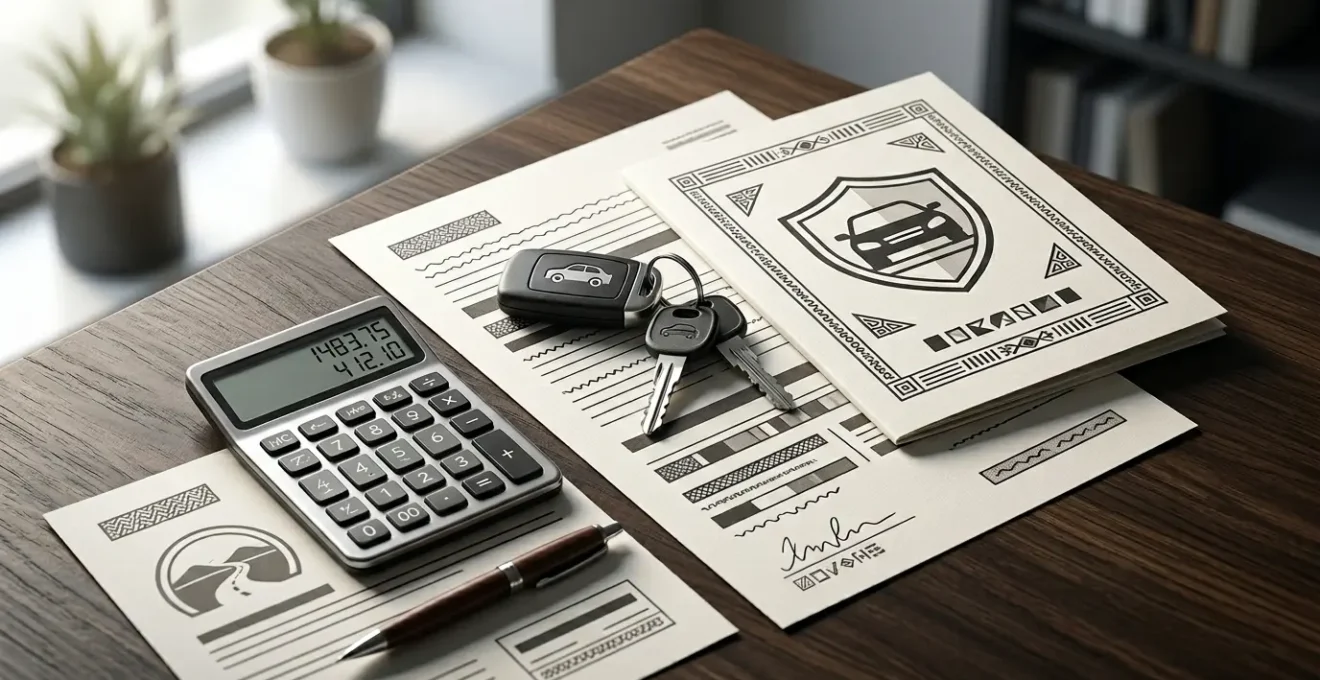 Bureau élégant avec documents de contrat d'assurance automobile, calculatrice et clés de voiture, éclairé par une lumière naturelle douce