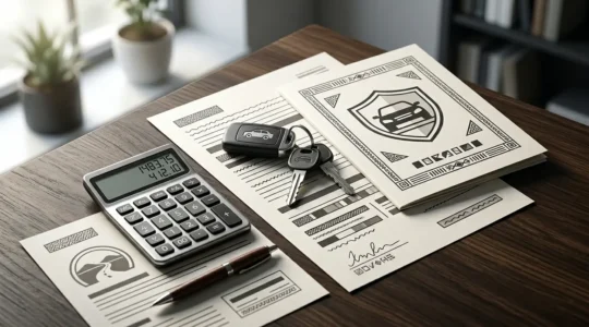 Bureau élégant avec documents de contrat d'assurance automobile, calculatrice et clés de voiture, éclairé par une lumière naturelle douce