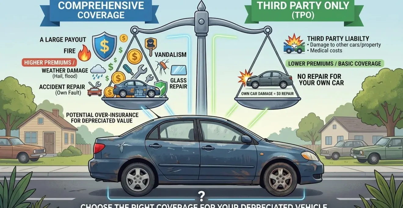 Concept visuel illustrant la décision entre assurance tous risques et au tiers pour un véhicule décoté