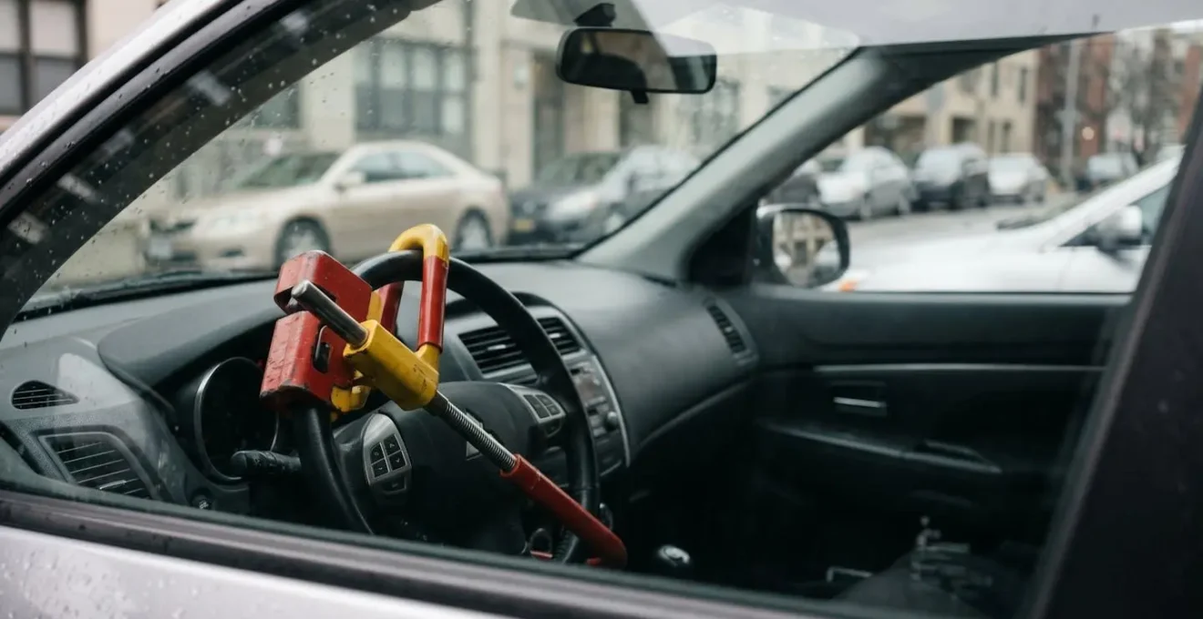Dispositif antivol mécanique de type canne sur volant d'une voiture d'occasion en milieu urbain