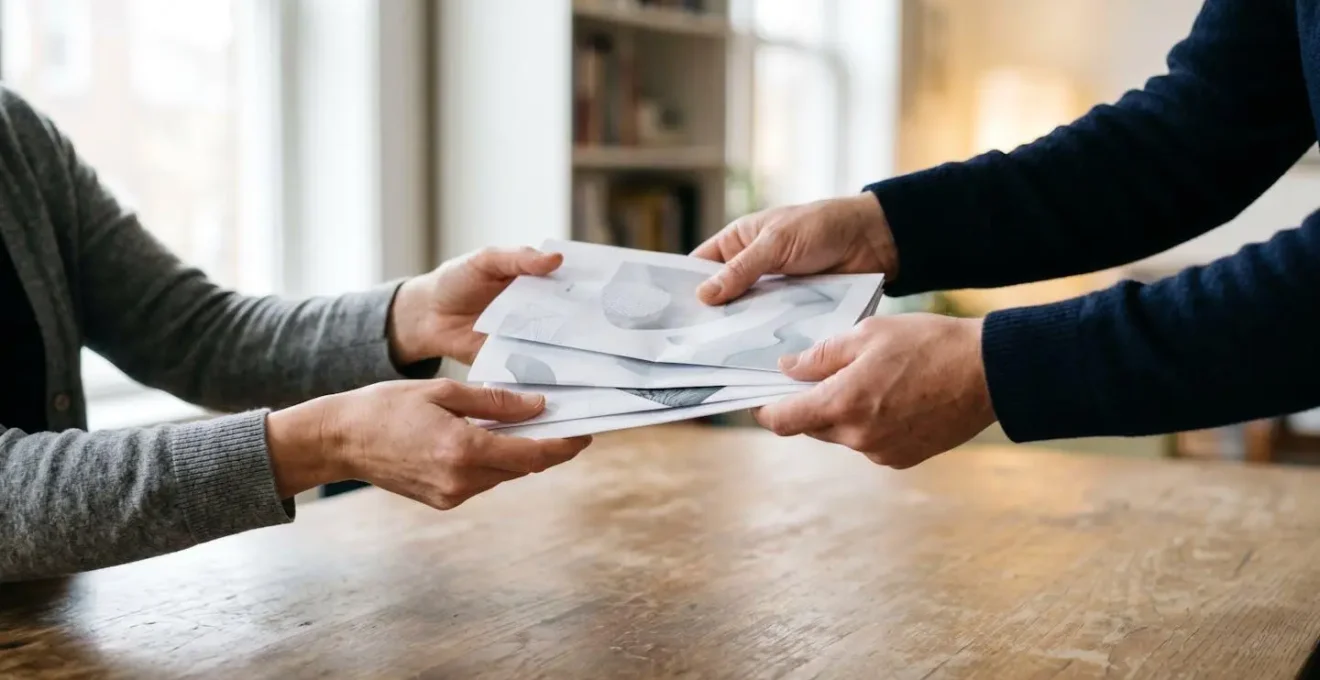 Vue rapprochée de mains échangeant des documents administratifs lors d'une transaction automobile