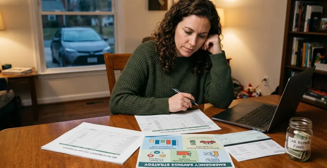 Personne réfléchissant à son budget automobile avec documents financiers illustrant la stratégie d'épargne de précaution