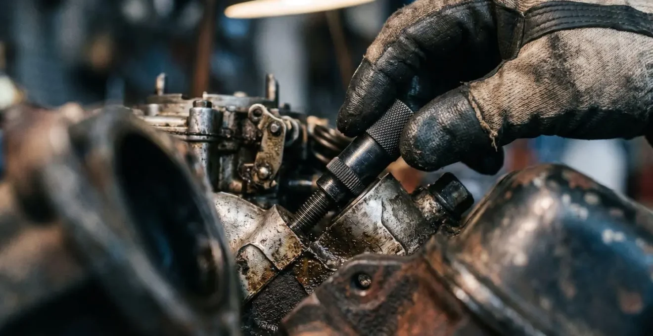 Expert automobile effectuant un diagnostic approfondi du moteur avec outils professionnels