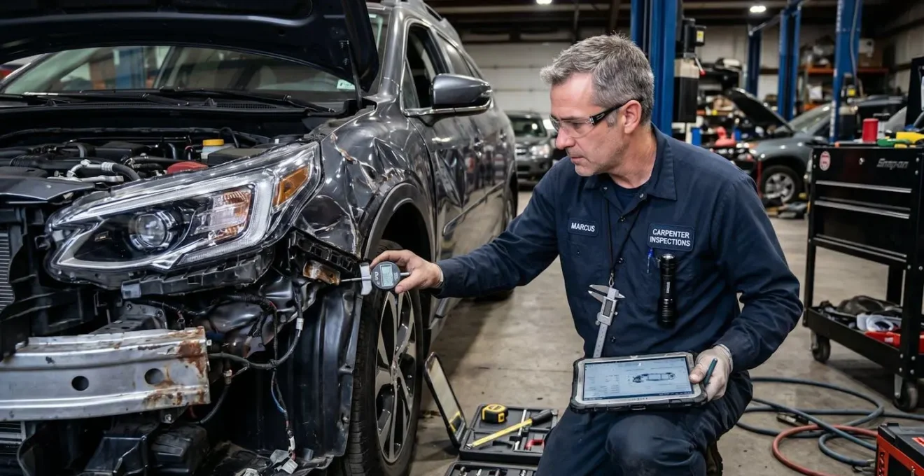 Expert automobile inspectant minutieusement un véhicule endommagé avec ses outils professionnels