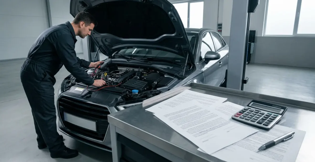 Expertise automobile dans un garage avec expert inspectant le moteur d'un véhicule, dossier juridique et calculatrice sur une table