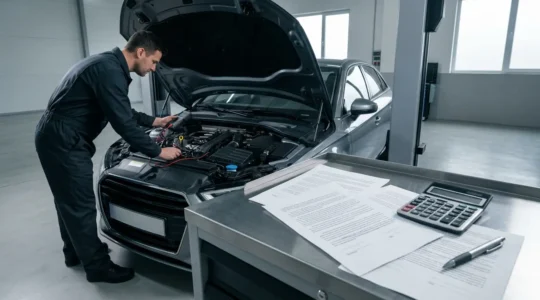 Expertise automobile dans un garage avec expert inspectant le moteur d'un véhicule, dossier juridique et calculatrice sur une table