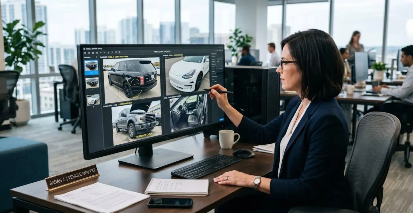 Expert automobile analysant des photos de véhicule sur écran dans un bureau moderne