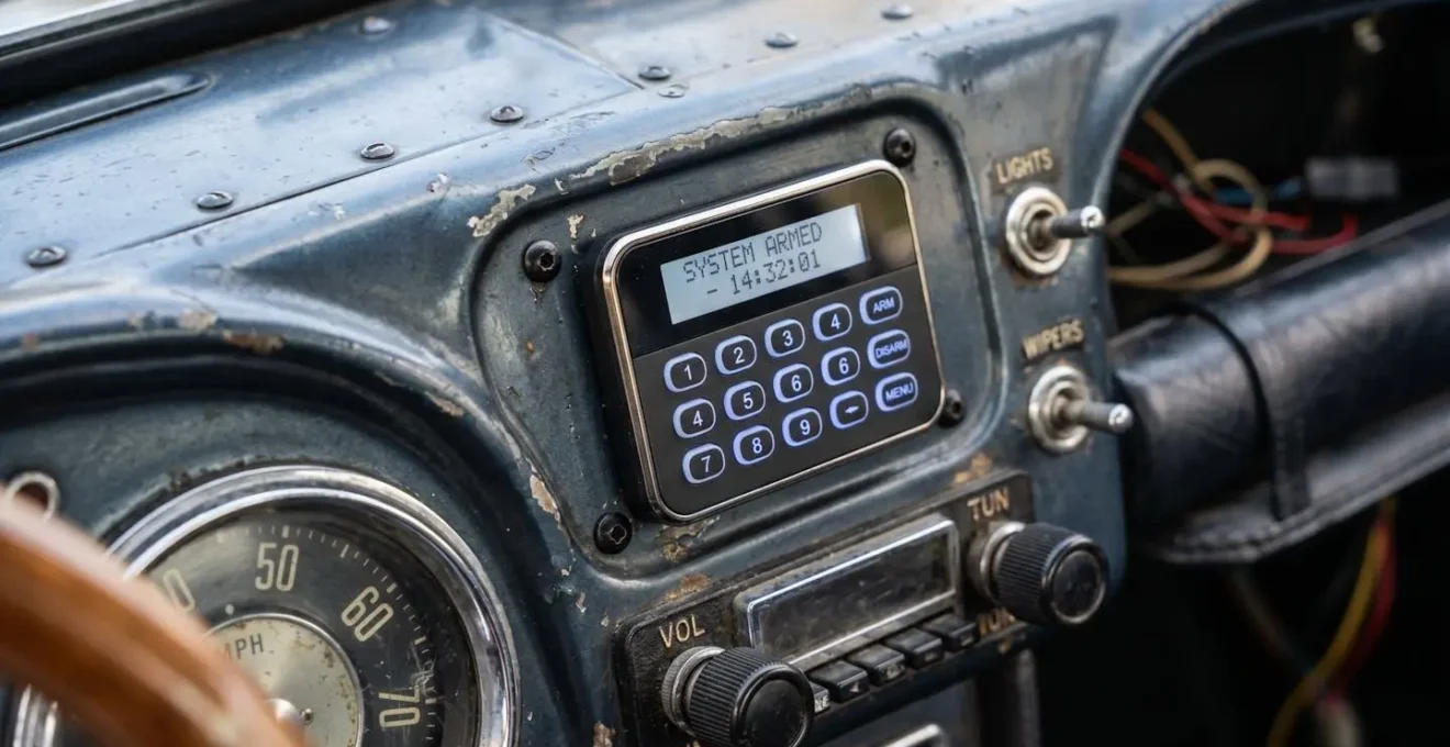 Détail macro d'un système de sécurité moderne installé sur une voiture de collection