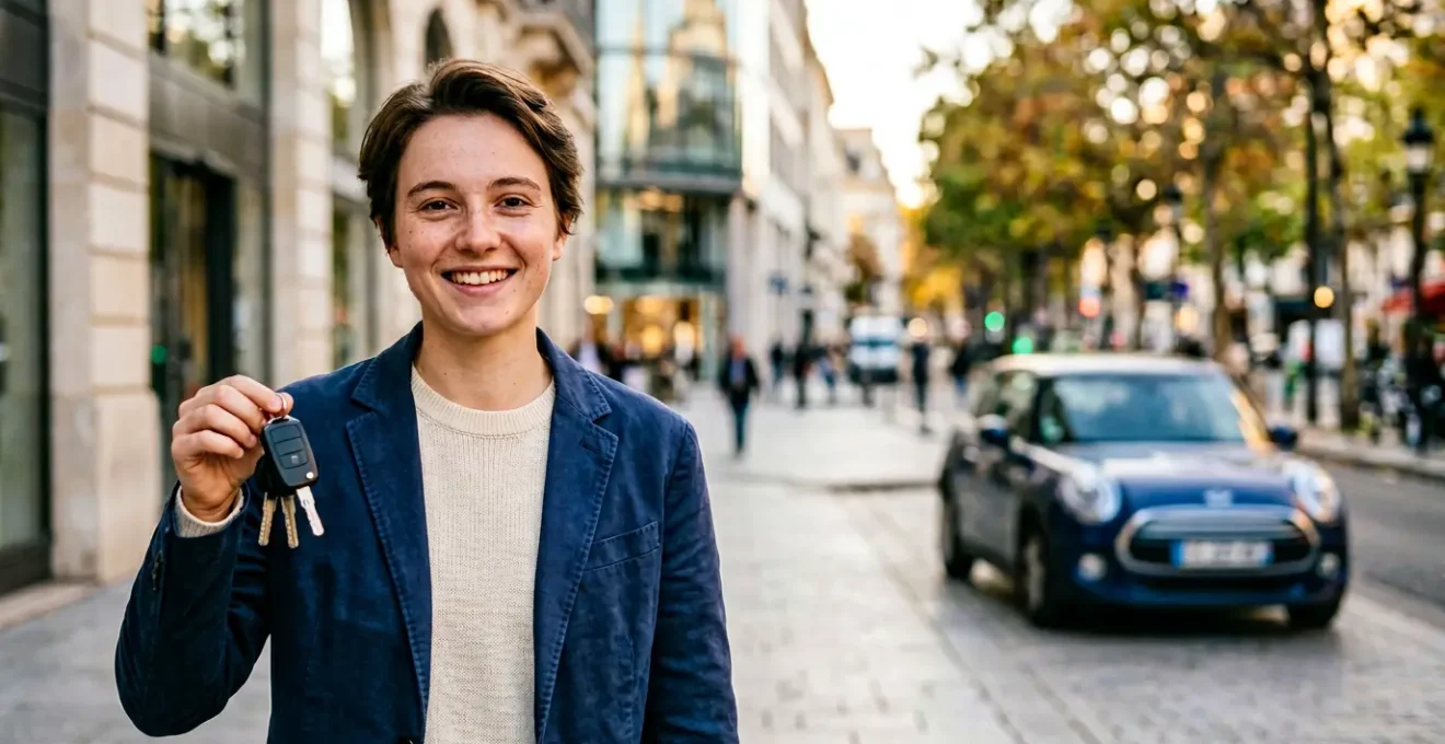 Jeune conducteur souriant tenant des clés de voiture, symbolisant l'accès à une assurance auto abordable en France