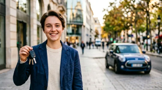 Jeune conducteur souriant tenant des clés de voiture, symbolisant l'accès à une assurance auto abordable en France