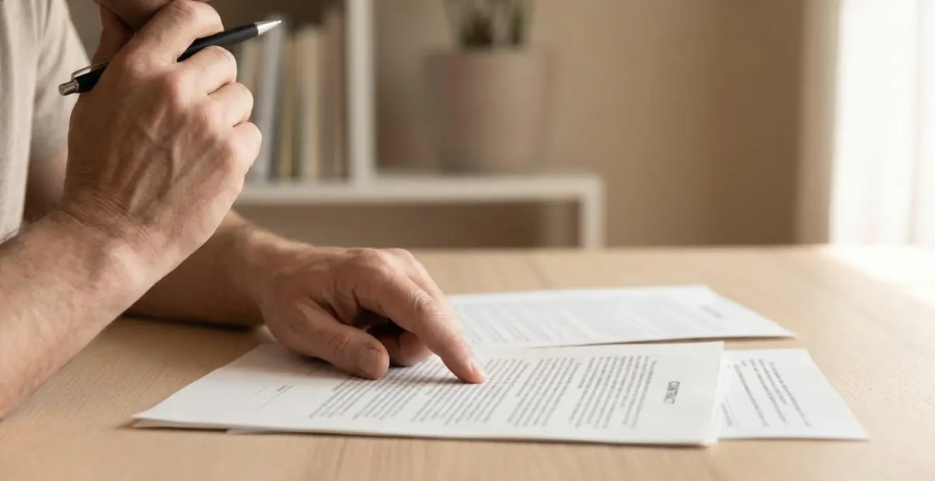 Scène de consultation de documents d'assurance automobile lors d'une révision annuelle de contrat