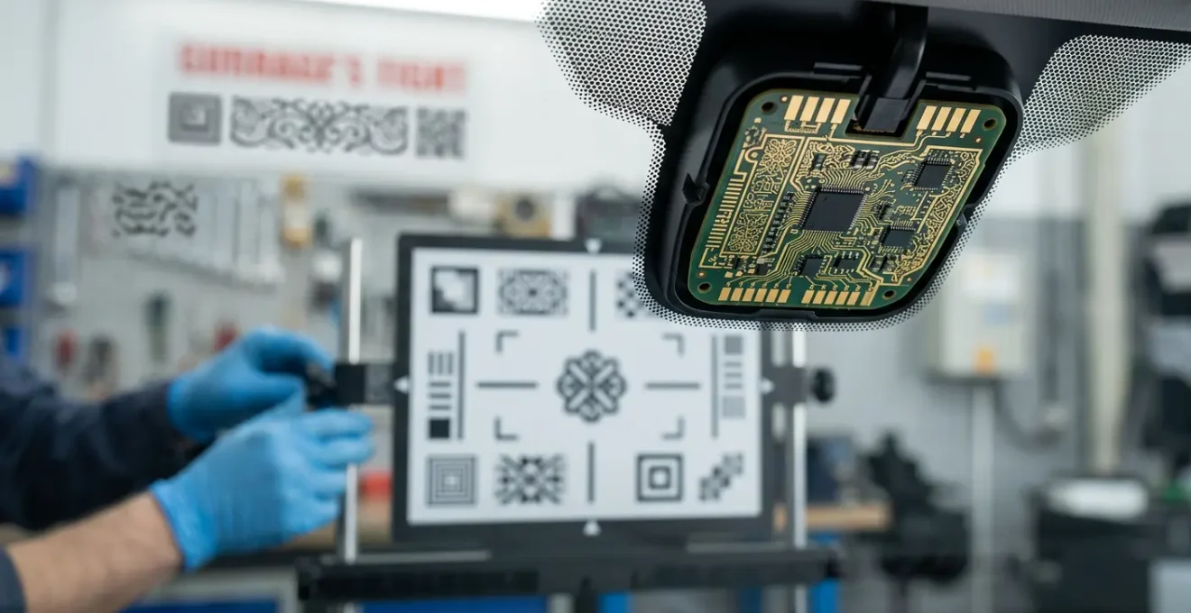 Gros plan sur un pare-brise moderne avec capteur de pluie et caméra ADAS dans un centre de réparation automobile français