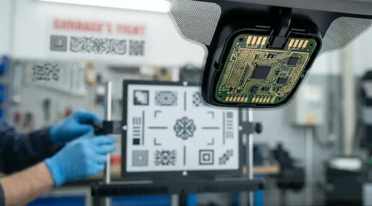 Gros plan sur un pare-brise moderne avec capteur de pluie et caméra ADAS dans un centre de réparation automobile français