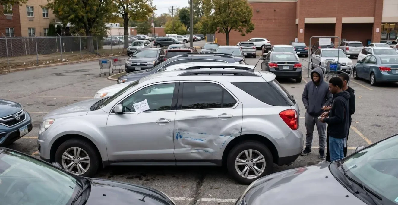 Scène de parking illustrant le risque de délit de fuite et de vandalisme sur véhicule