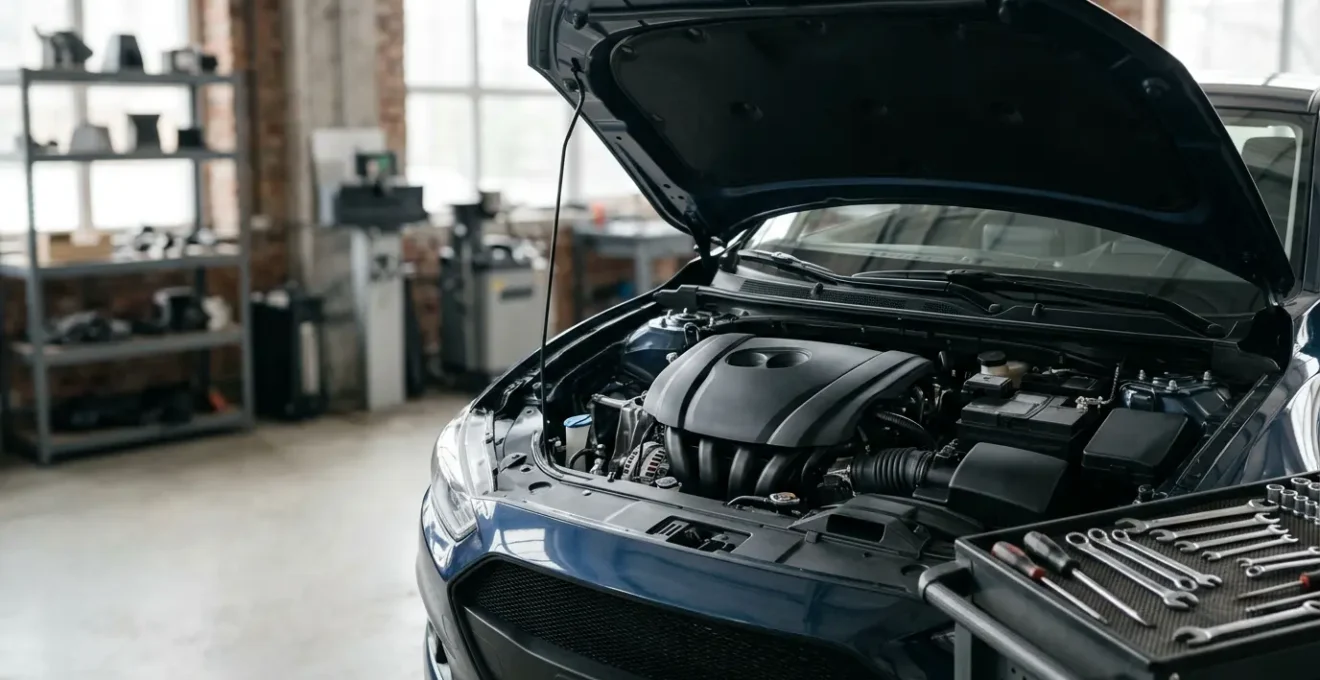 Moteur de voiture sous le capot avec outils de mécanicien illustrant la protection contre les pannes mécaniques