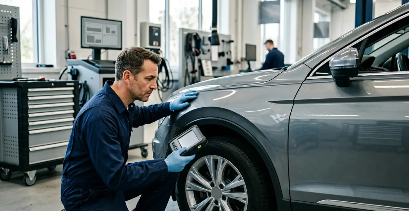 Mécanicien expert examinant un véhicule dans un garage moderne avec équipements technologiques avancés