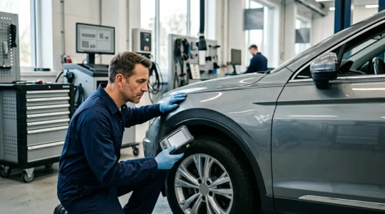 Mécanicien expert examinant un véhicule dans un garage moderne avec équipements technologiques avancés