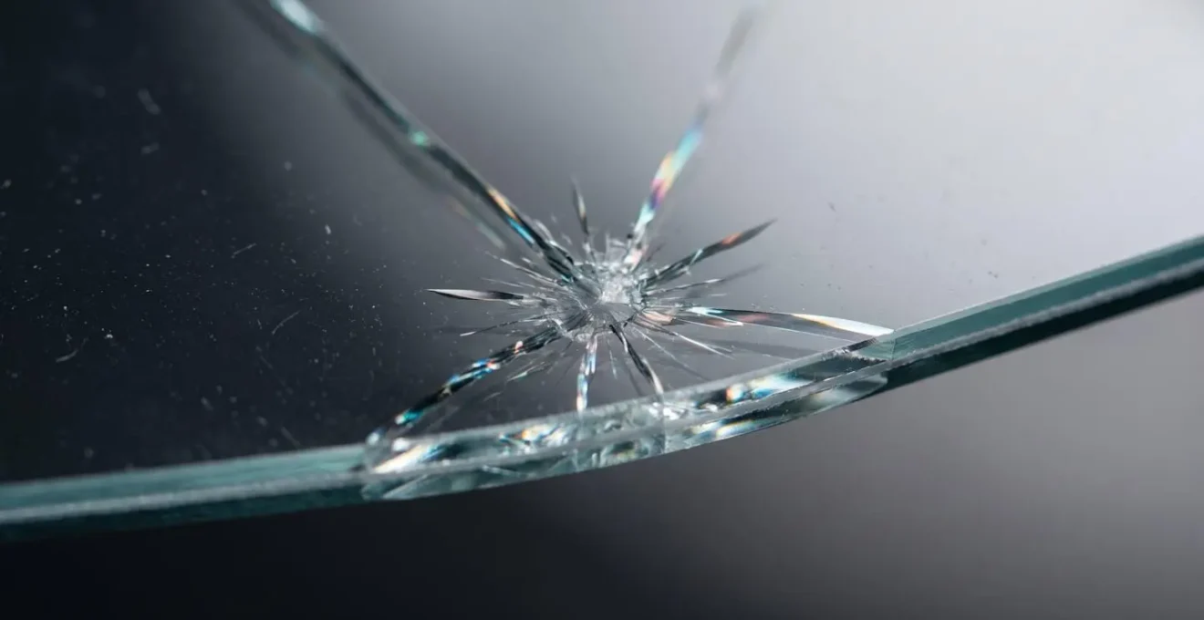 Détail macro d'un impact sur pare-brise avant réparation par injection de résine
