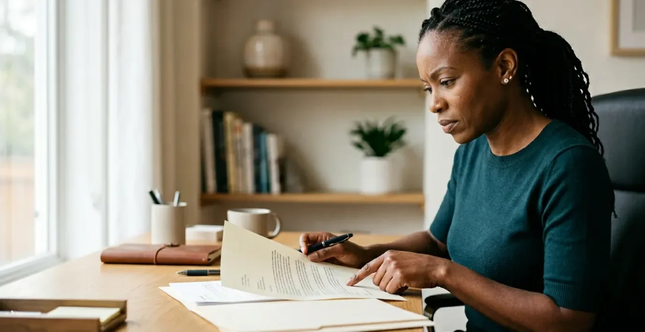 Personne prenant une décision importante concernant ses documents d'assurance dans un environnement calme et réfléchi