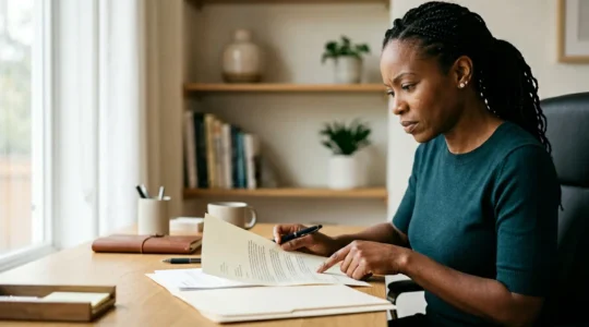 Personne prenant une décision importante concernant ses documents d'assurance dans un environnement calme et réfléchi
