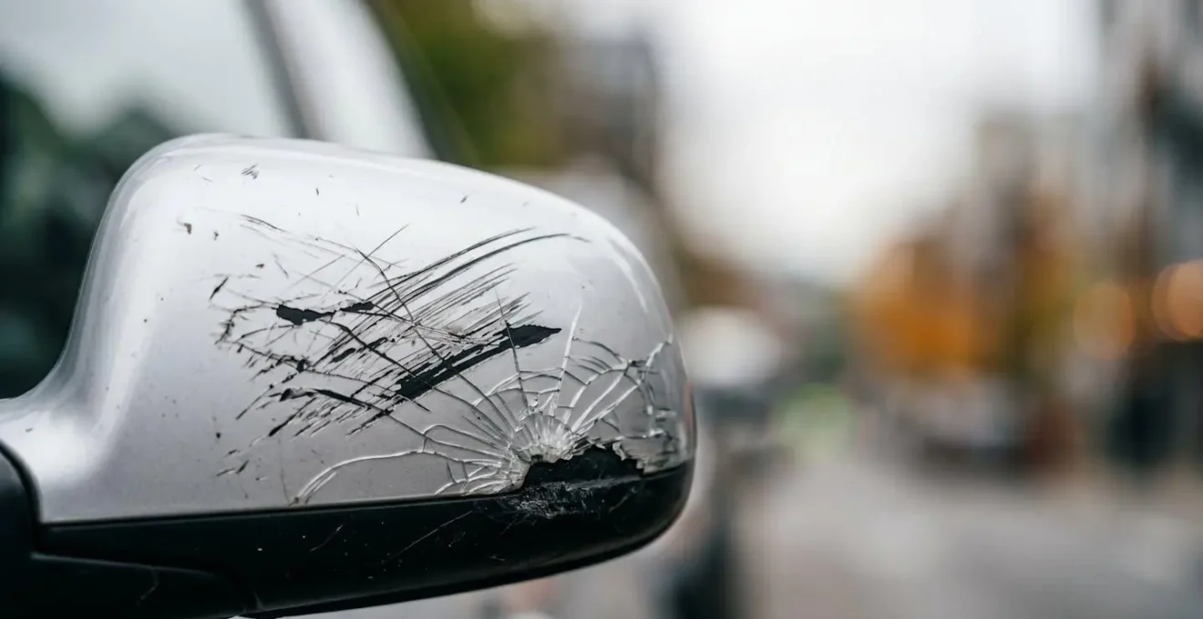 Détail d'un rétroviseur de voiture endommagé sur fond urbain flou