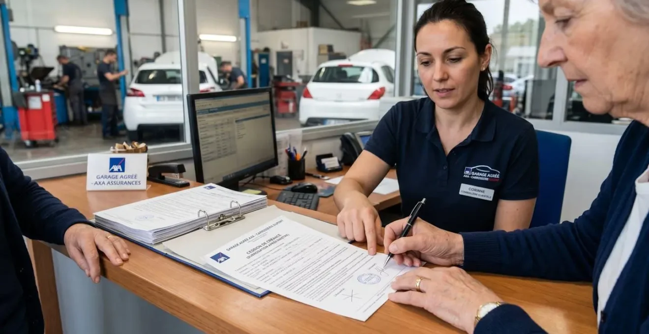 Main d'un assuré français signant un document de cession de créance dans un garage agréé avec un conseiller