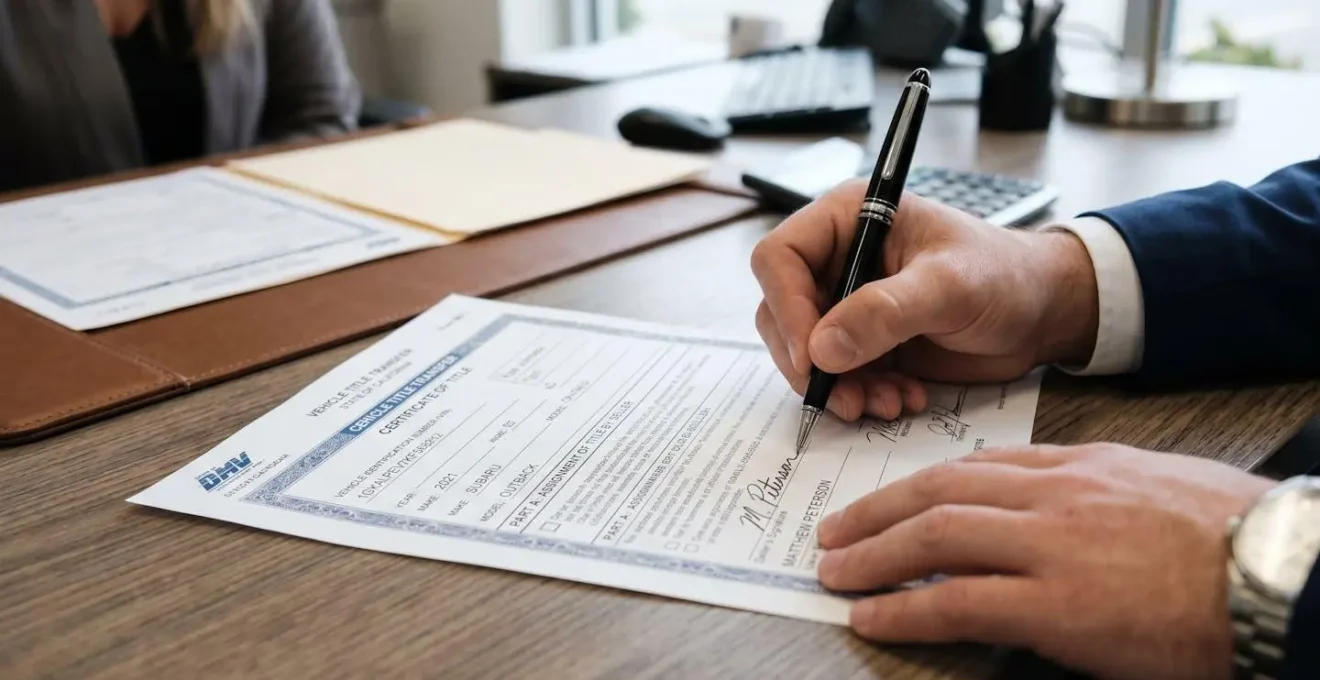 Vue macro sur signature de documents de cession automobile avec stylo