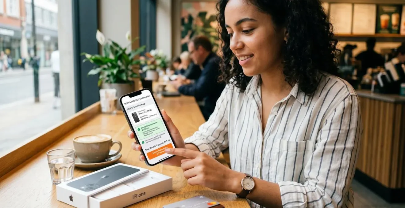 Main tenant un smartphone avec interface de souscription d'assurance en quelques gestes simples