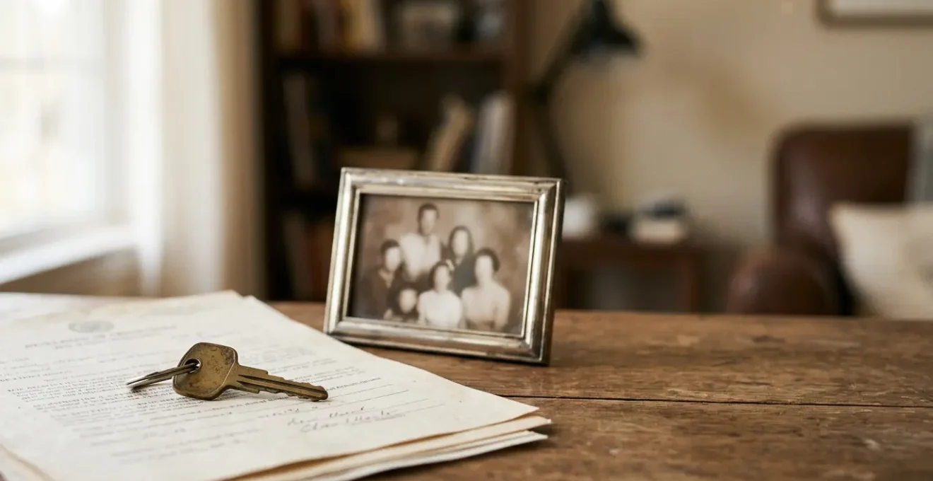 Scène symbolique représentant la transmission patrimoniale et les responsabilités administratives après un décès