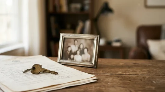 Scène symbolique représentant la transmission patrimoniale et les responsabilités administratives après un décès