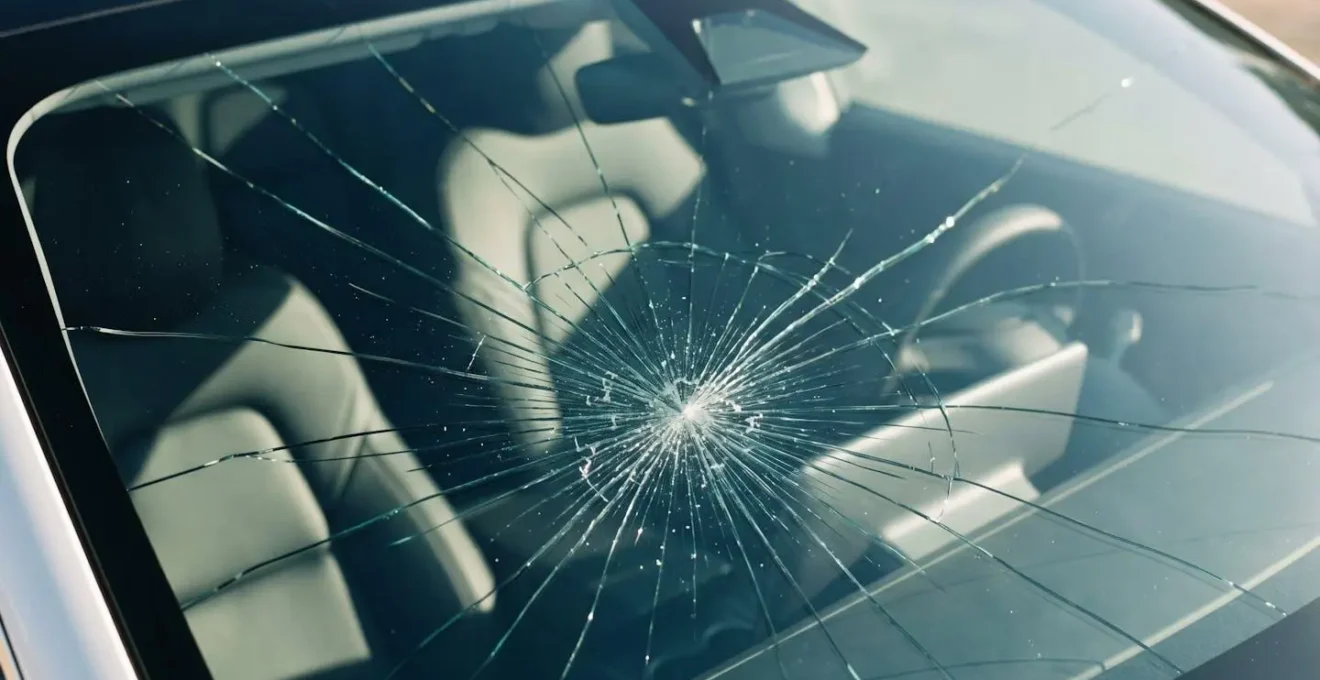 Gros plan sur une fissure dans le verre d'un toit panoramique automobile