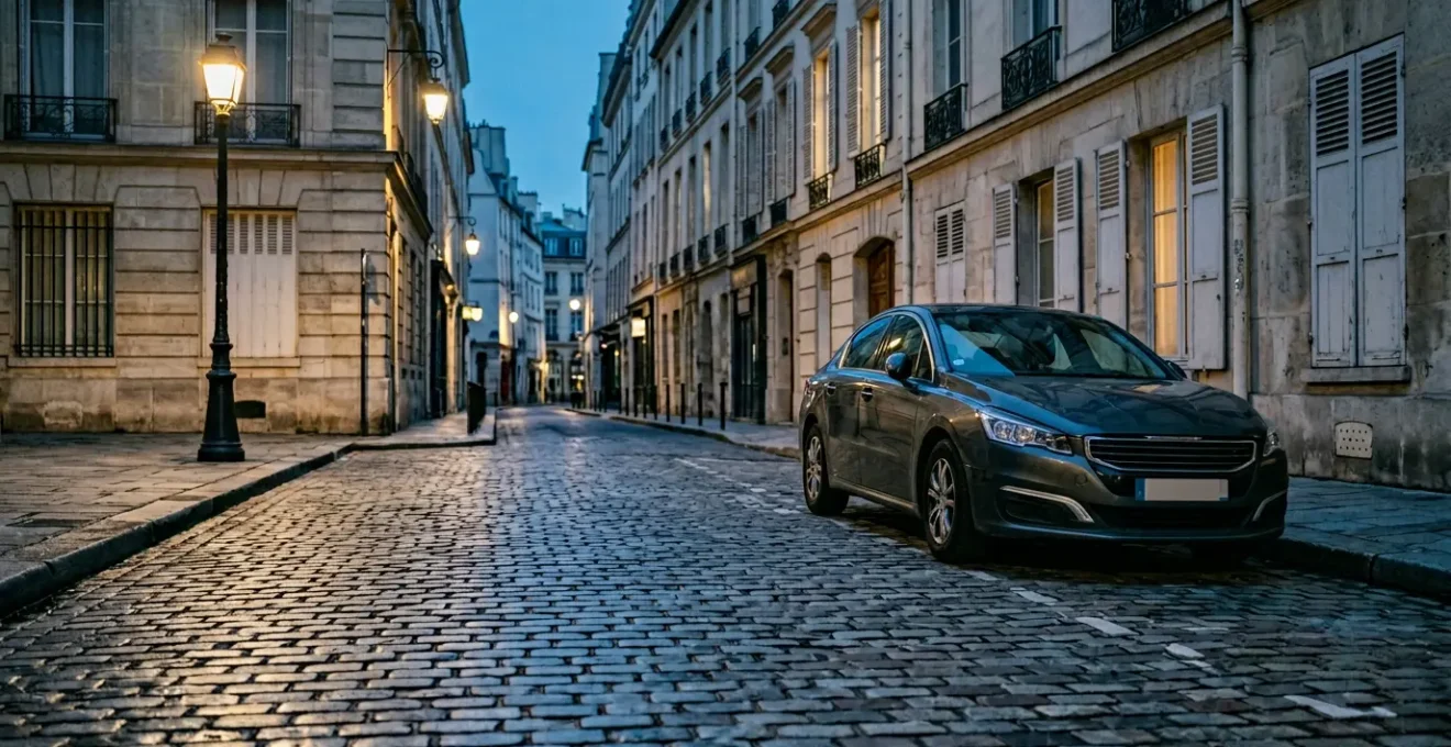 Voiture garée dans une rue urbaine la nuit avec éclairage public ambiant