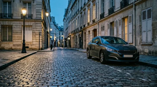 Voiture garée dans une rue urbaine la nuit avec éclairage public ambiant