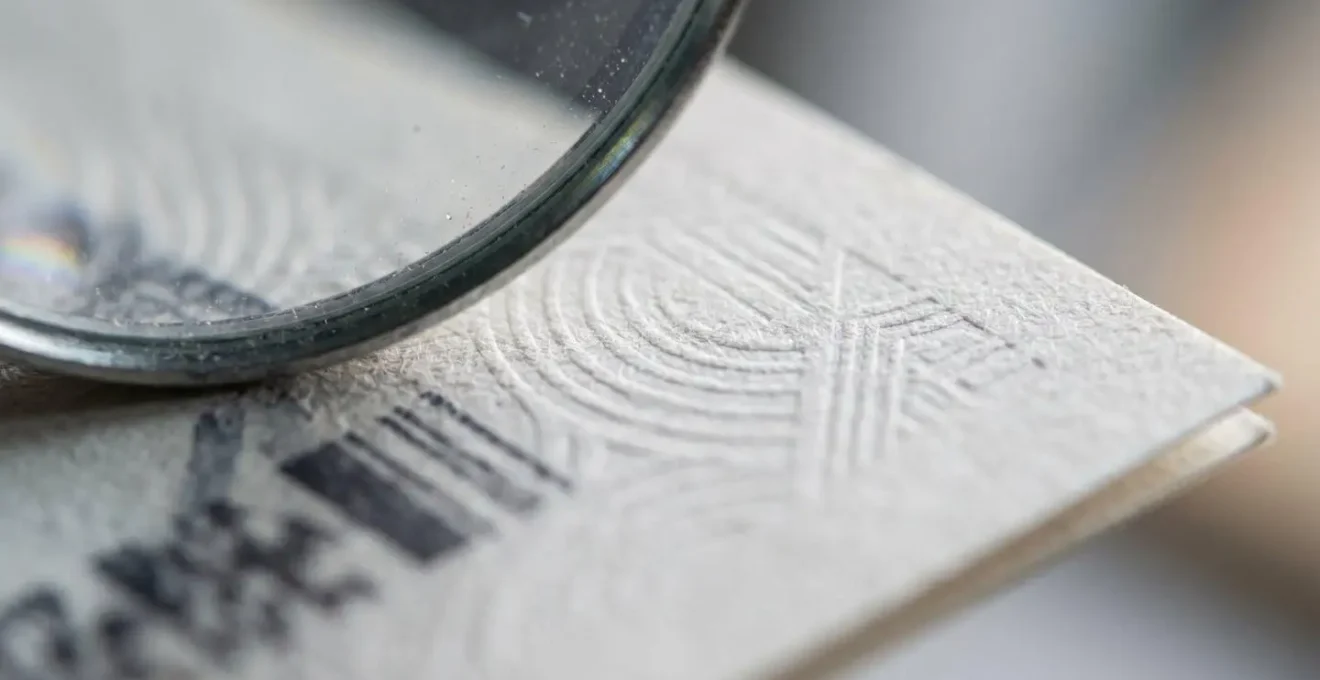 Gros plan sur un document administratif avec loupe illustrant la vérification minutieuse des données